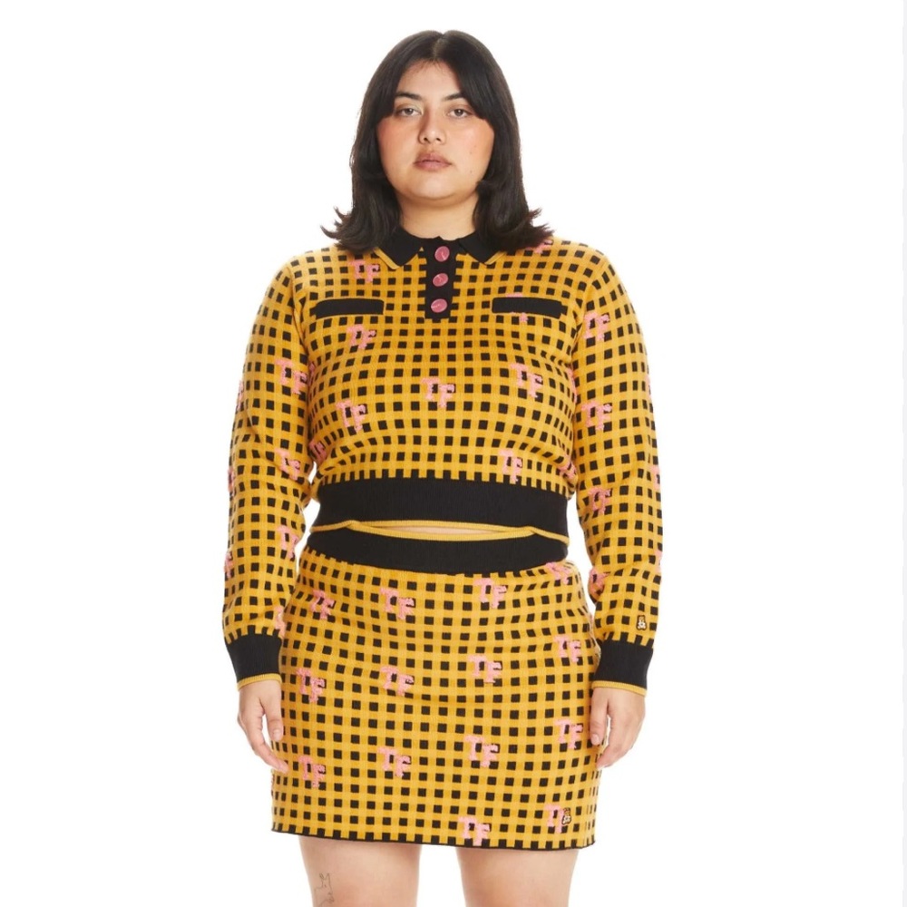 Teddy Fresh Black and Yellow Checkered Knit Top Skirt Set